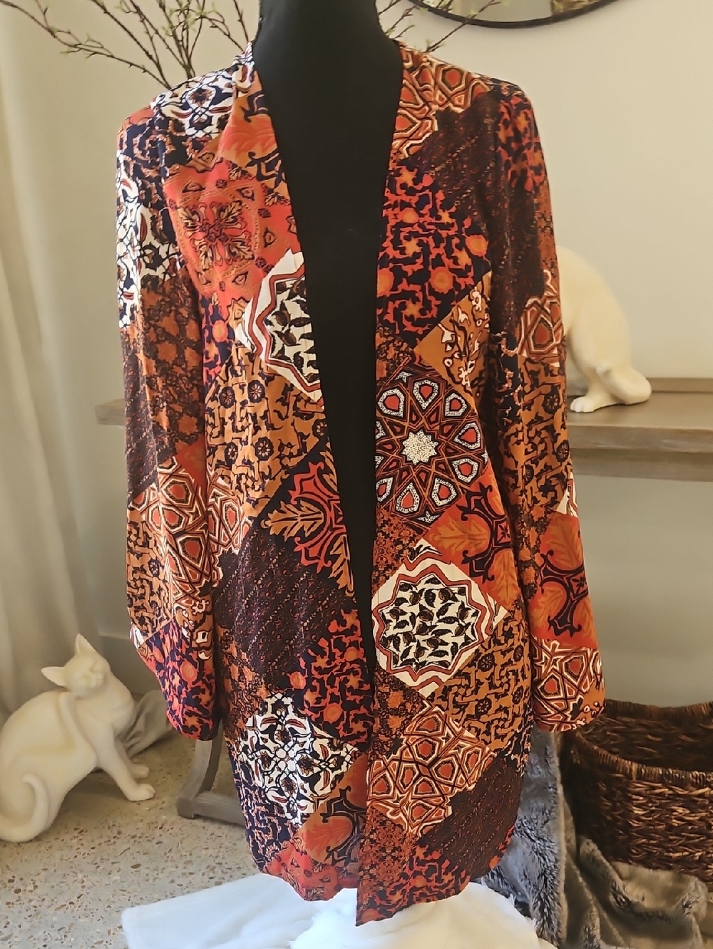 EARTHBOUND Boho Patchwork Open Front Cardigan - Orange Multi. Size S